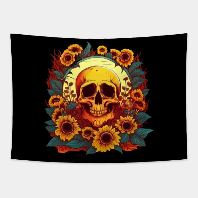 Skull with sunflower Tapestry by Crazy skull