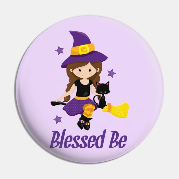 Wicca Witch Design Blessed Be Pagan Gift Shirt Mug Decor Halloween Witch on a Broomstick Design Pin by InnerMagic