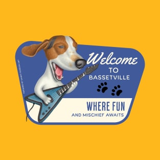 Cute basset hound playing guitar in Bassetville, USA T-Shirt