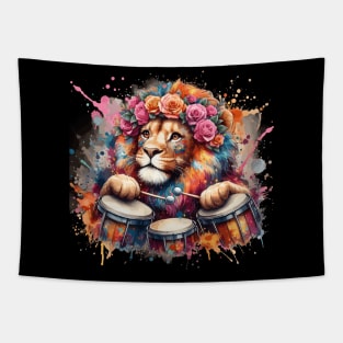Lion Playing Drums Tapestry