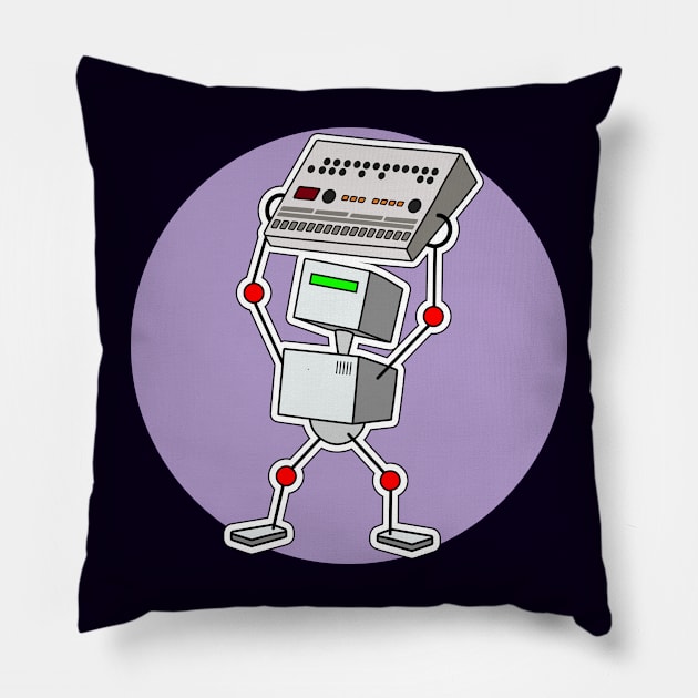 Robot Holding Drum Machine Purple Pillow by Atomic Malibu