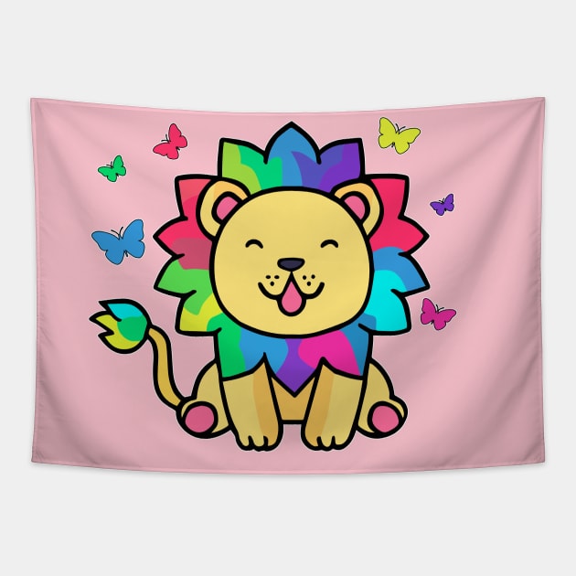 Happy smiling lion with butterflies. Kawaii cartoon Tapestry by SPJE Illustration Photography