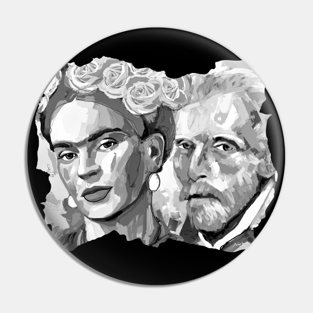 Frida Kahlo and Van Gogh Black and White 3 Pin by mailsoncello