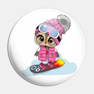 Cute owl on a snowboard Pin