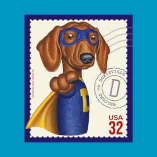 Superhero Doxie in cute blue suit with yellow accessories T-Shirt