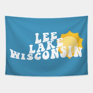 Sunshine in Lee Lake Wisconsin Retro Wavy 1970s Summer Text Tapestry