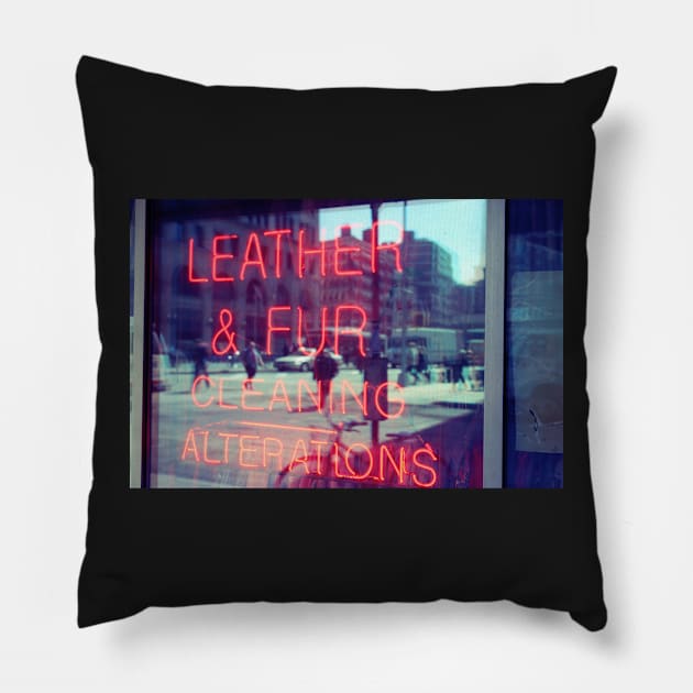 Dry cleaning neon sign, store window in NYC Pillow by Reinvention