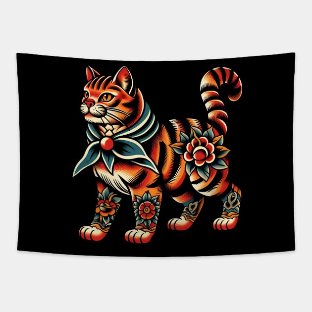 Traditional american cat tattoo Tapestry by PinScher