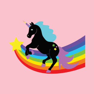 Black Unicorn With Rainbow and Stars T-Shirt