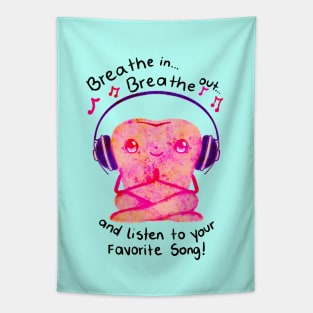 Cute Molar Yogi illustration - Breathe in... Breathe out... and listen to your favorite song! - for Dentists, Hygienists, Dental Assistants, Dental Students and anyone who loves teeth by Happimola Tapestry