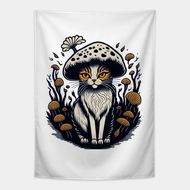 Cat With A Mushroom Hat Cottagecore Tapestry by MonkeyStuff