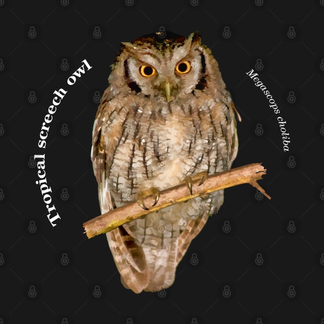 Tropical screech owl pin white text by Ornamentum