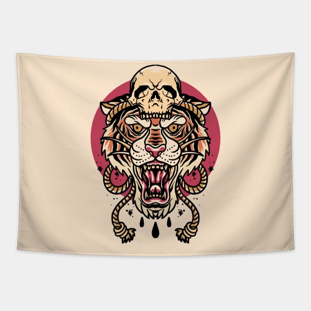 Vintage Tiger Illustration with Skull Tapestry by SLAG_Creative