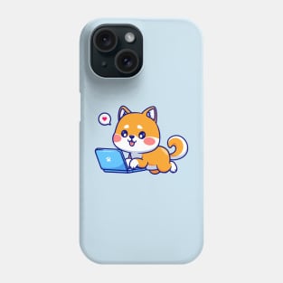 Cute Shiba Inu Dog Working On Laptop Cartoon Phone Case