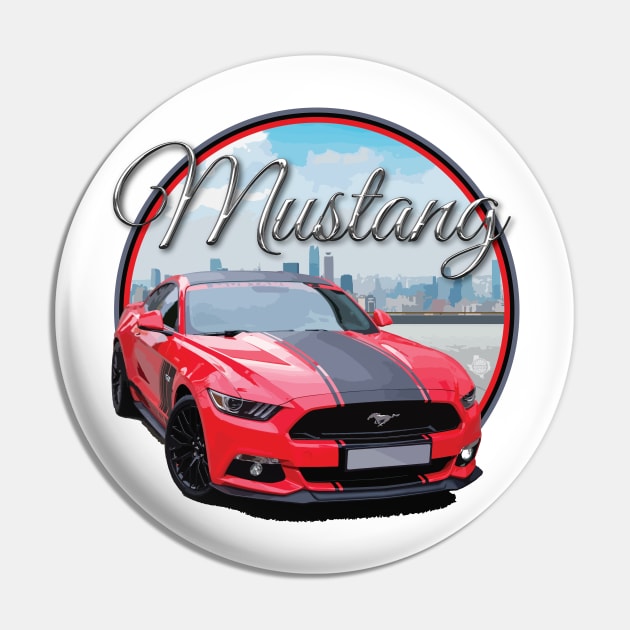 Red Mustang on city scape Pin by CamcoGraphics