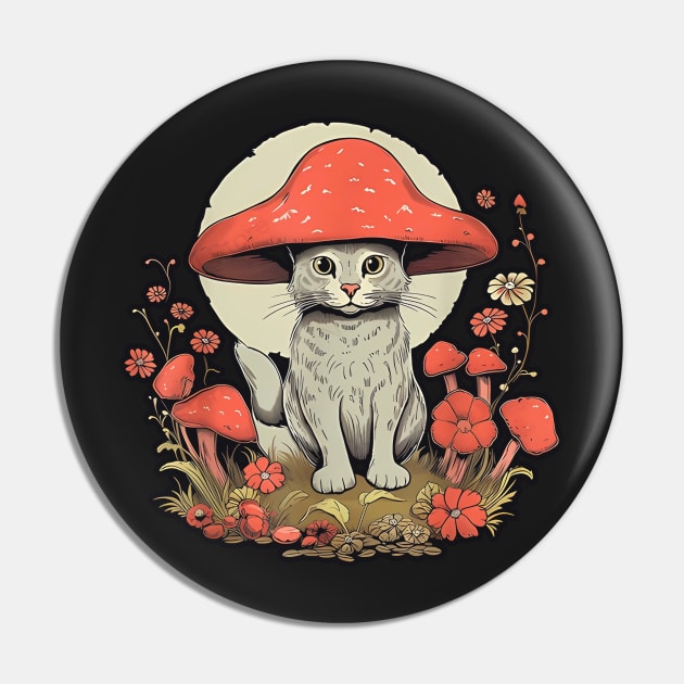 Funny Cute Cottagecore Aesthetic Cat with Mushroom Hat fairycore Pin by masterpiecesai