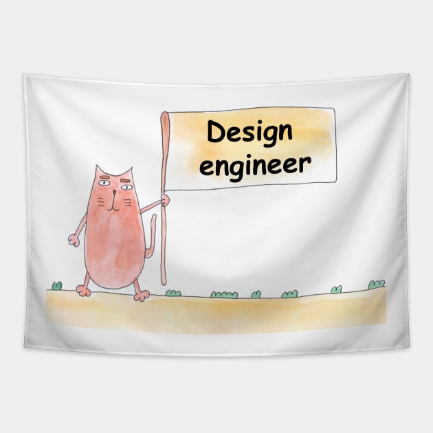 Design engineer. Profession, work, job. Cat shows a banner with the inscription. Watercolor illustration. A gift for a professional. Tapestry by grafinya