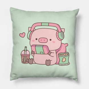 Cute Pig Gamer With Headphones and Snacks Pillow