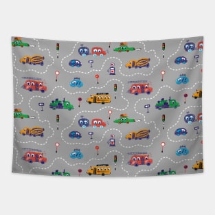 Cars and Trucks on Grey Tapestry