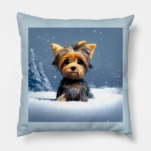 Cute Yorkshire Terrier Puppy in the winter snow Pillow by Geminiartstudio