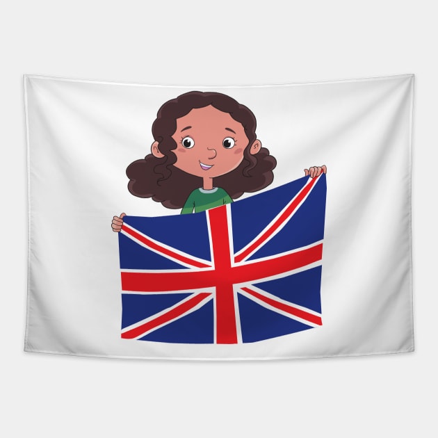 girl holding a large spread British flag Tapestry by duxpavlic