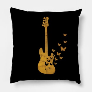 Bass Guitar Silhouette Turning Into Butterflies Gold Pillow