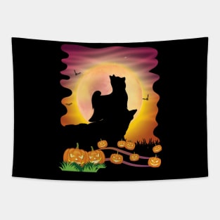 Yorkie Dog On Mountain With Moon Pumpkins Bat Halloween Day Tapestry