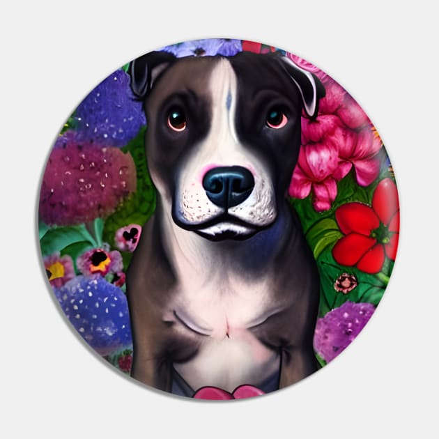 Pitbull Mix Dog Puppy Whimsical Portrait Hiding in Wildflowers Secret Garden Digital Art Watercolor Painting Pin by joannejgg