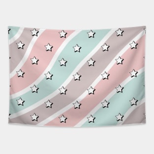 Aesthetic Blue Pink and Grey Waves with Stars Tapestry