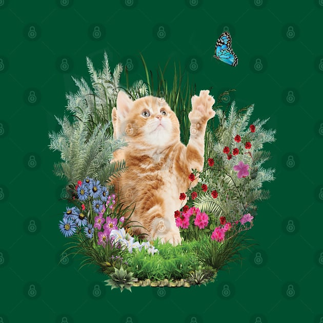 Ginger kitten playing with a blue butterfly by Just Kidding by Nadine May