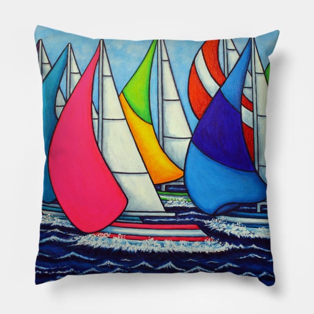 Rainbow Racing Regatta Pillow by LisaLorenz