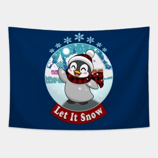 Let it snow Kawaii Penguin Christmas holiday snowflake design Tapestry