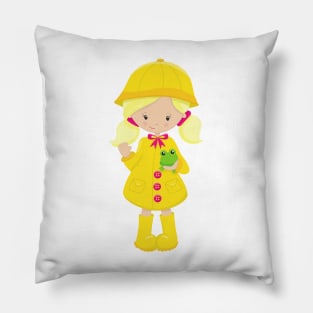 Girl In Raincoat, Boots, Blonde Hair, Frog Pillow