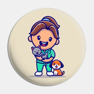 Cute Girl With Cat And Dog Cartoon Pin