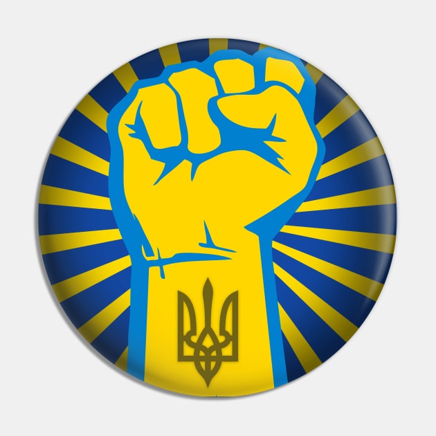 Peace for Ukraine! I Stand With Ukraine. Powerful Freedom, Fist in Ukraine's National Colors of Blue and Gold (Yellow) and Ukraine's Coat of Arms on the Wrist with Blue and Gold (Yellow) Sunburst Pin by Puff Sumo