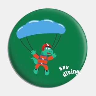 cartoon illustration of skydiving with litlle dinosaur Pin