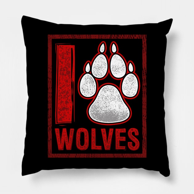 I Love Wolves Paw Print Heart Pillow by fizzyllama