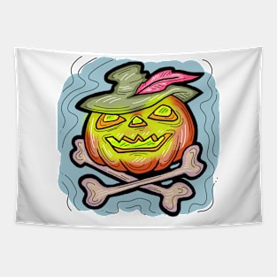 Scary Halloween pumpkin monster face head. Tapestry