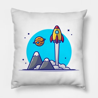 Space Shuttle Taking Off with Planet and Mountain Space Cartoon Vector Icon Illustration Pillow