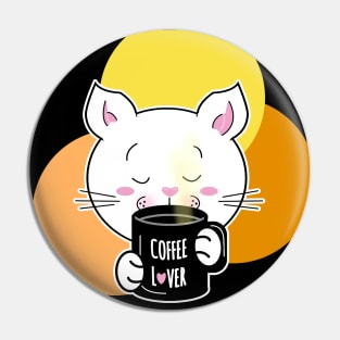 White cat drinking coffee lover Pin