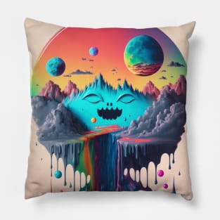 Full Moons Over Happy Mountains and the Rainbow River - Psychedelic Landscape - Paint Dripping 3D Illustration - Colorful Haunted Nature Scene Pillow