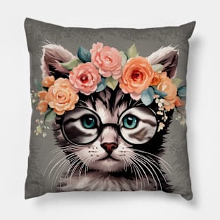 Tabby Kitty Cat Wearing Glasses Pillow