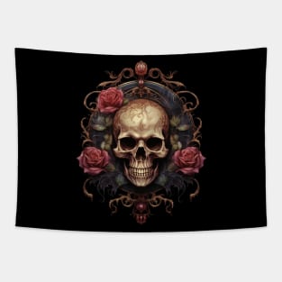 Eternal Beauty: Skull and Rose Illustration in Rococo Realms Tapestry