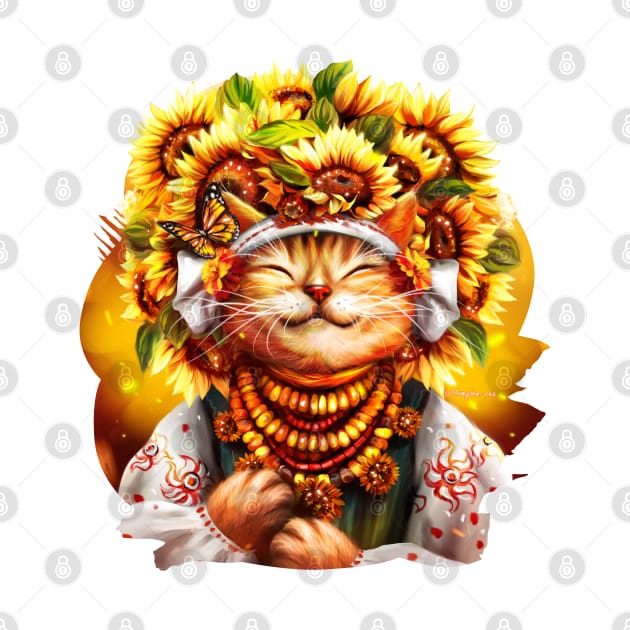 Ukrainian cat in folk costume, wearing a wreath of sunflowers, basking in the sun by Marysha_art