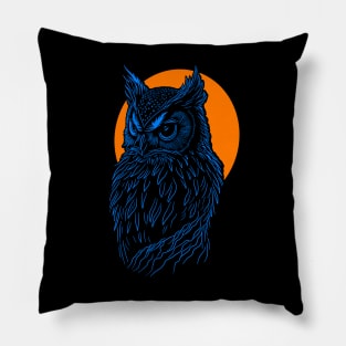 Blue Owl design in front of orange full moon. Pillow