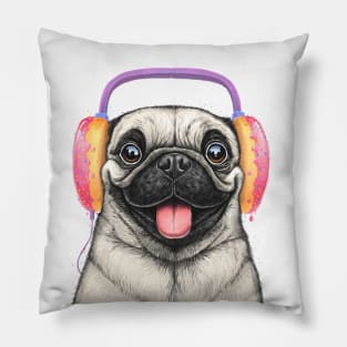 Pug with headphones Pillow