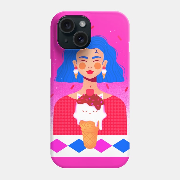 Happy girl with blue hair and kitty ice cream, version 3 Phone Case by iulistration