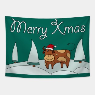 Merry Christmas. merry christmas gifts. Happy New Year greeting. Zodiac bull christmas. Symbol of the new year 2021. Year of the bull. Illustration bull. Tapestry