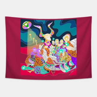 the goat and the coven in mexican alien pattern ecopop Tapestry