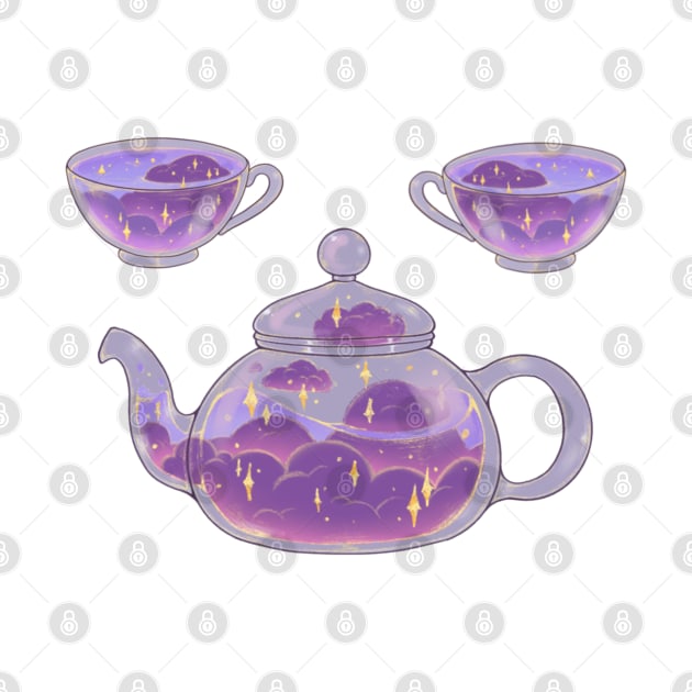 Magical soft night clouds tea set with dark background by Itsacuteart